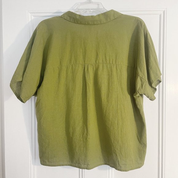 Eileen Fisher Women's L Green Cotton Linen Shirt SS Button Down Crop Length - Picture 3 of 5